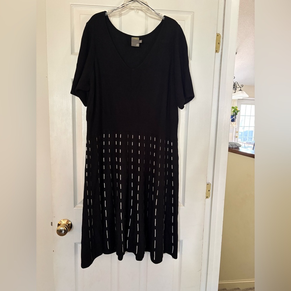 Taylor Black V-Neck Midi Dress with Vertical white stitching.